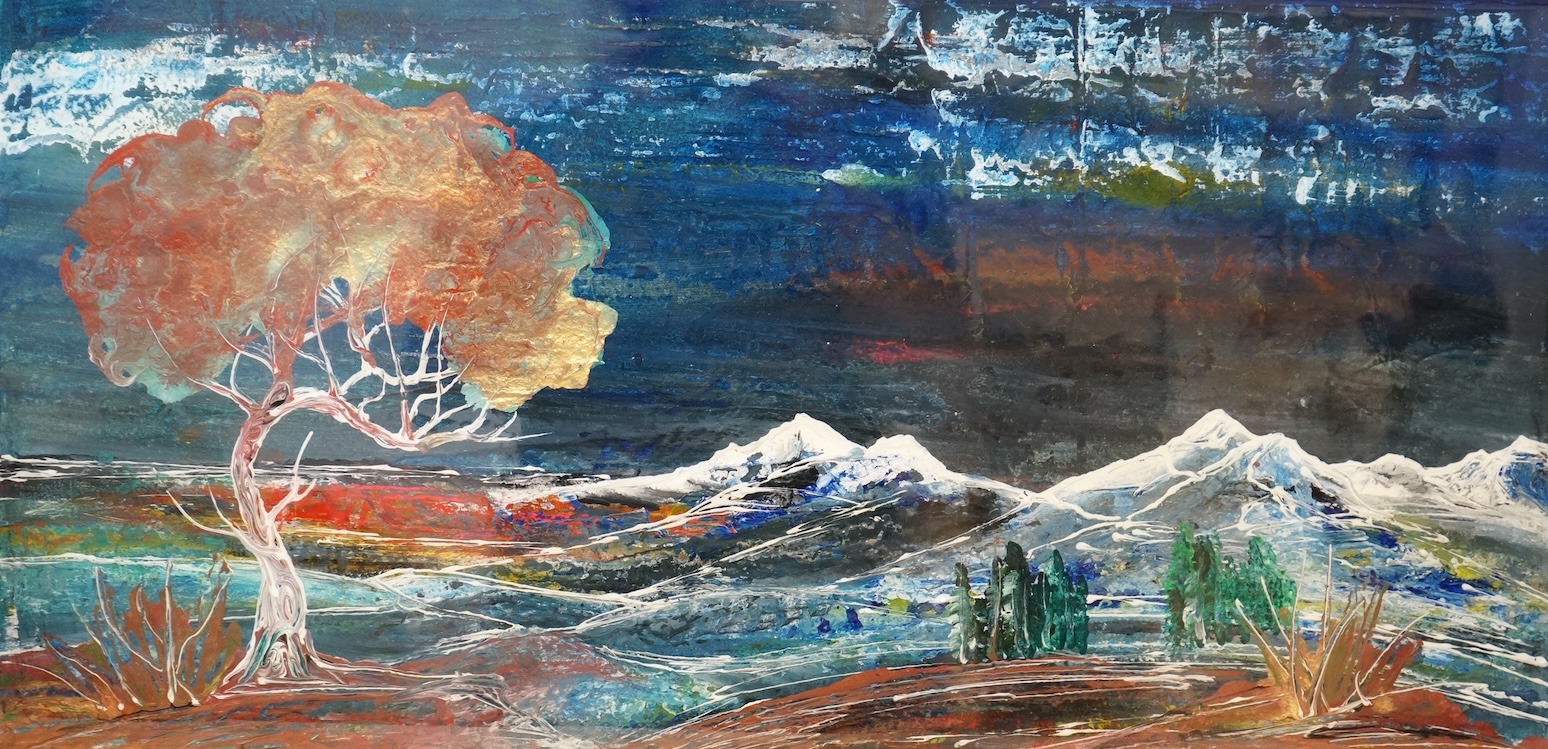Modern and Contemporary, Surreal landscape, mixed media under acrylic, 32 x 61cm, unframed, indistinctly signed verso